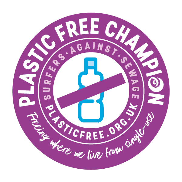 PLASTIC FREE CHAMPION - SURFERS AGAINST SEWAGE - plasticfree.org.uk - Freeing where we live from single-use - badge